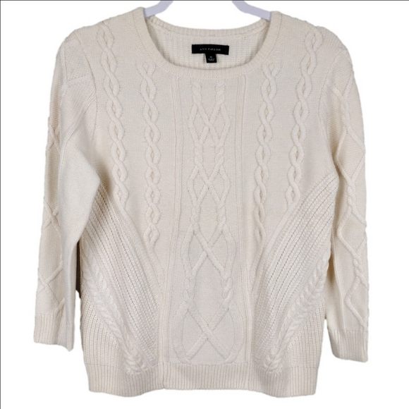 Ann Taylor Sweaters - Ann Taylor Cream Wool Blend Crew Neck Wrist Sleeve Ribbed Cable Knit Sweater Top